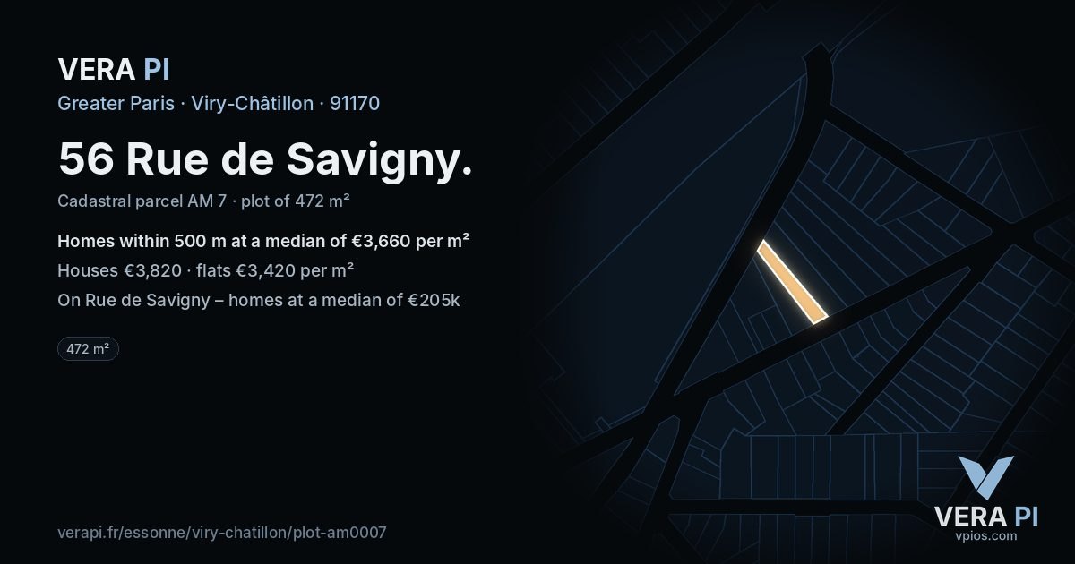 56 Rue de Savigny, Viry-Châtillon at night – the plot lit, the parcels around coloured by the prices near them