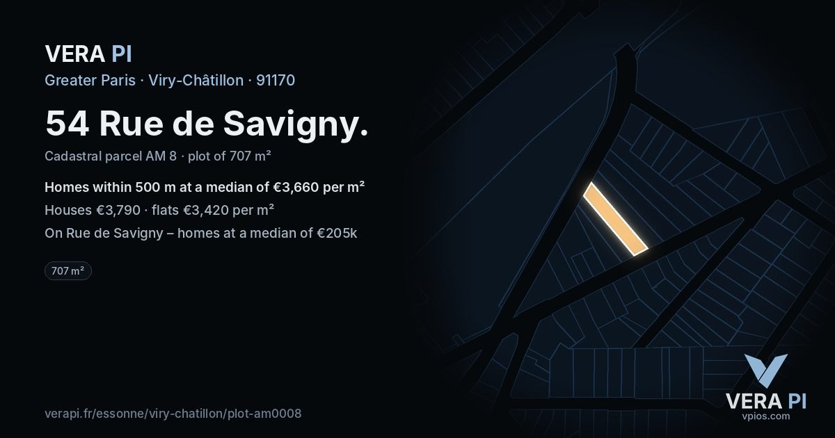 54 Rue de Savigny, Viry-Châtillon at night – the plot lit, the parcels around coloured by the prices near them