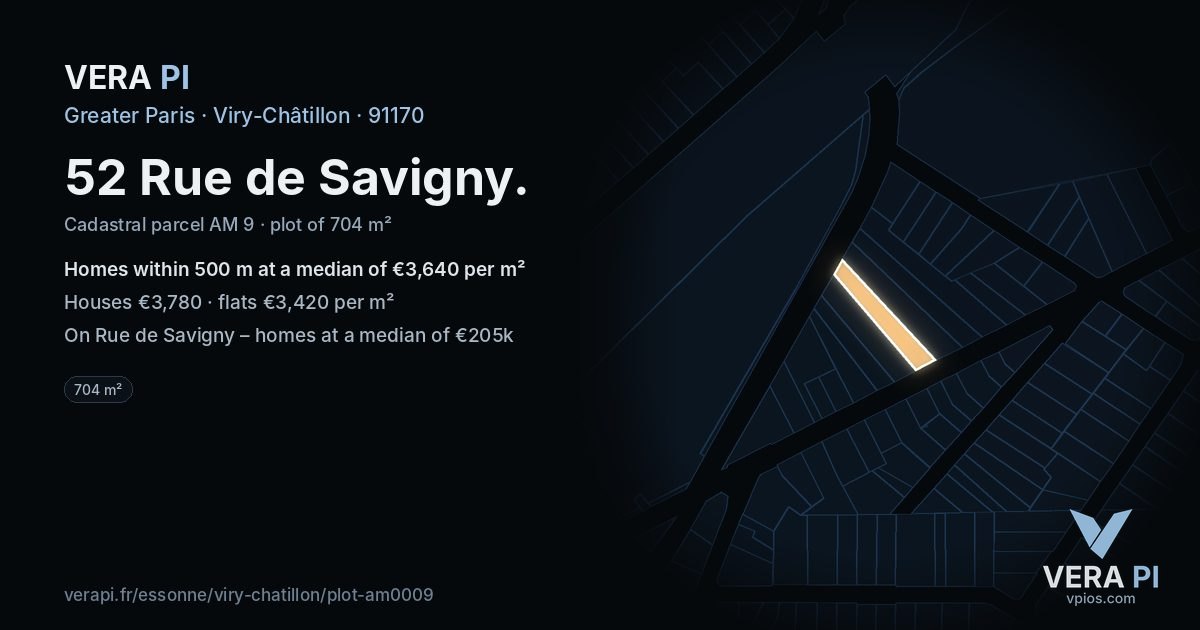 52 Rue de Savigny, Viry-Châtillon at night – the plot lit, the parcels around coloured by the prices near them