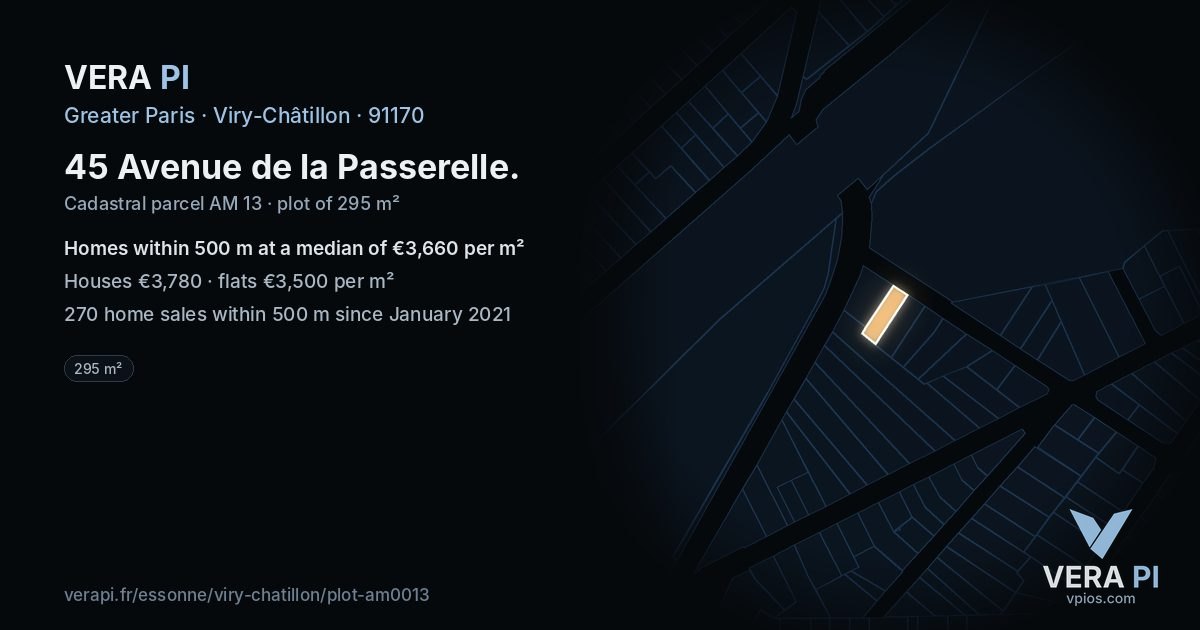 45 Avenue de la Passerelle, Viry-Châtillon at night – the plot lit, the parcels around coloured by the prices near them