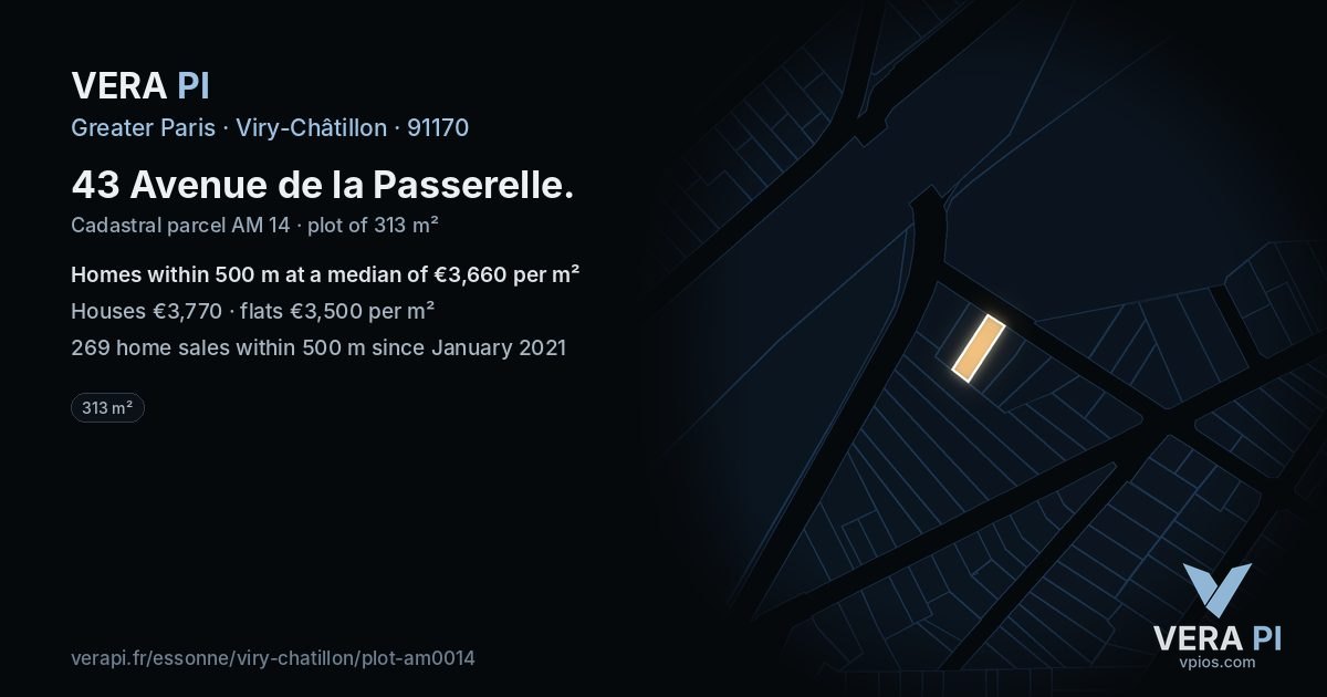 43 Avenue de la Passerelle, Viry-Châtillon at night – the plot lit, the parcels around coloured by the prices near them