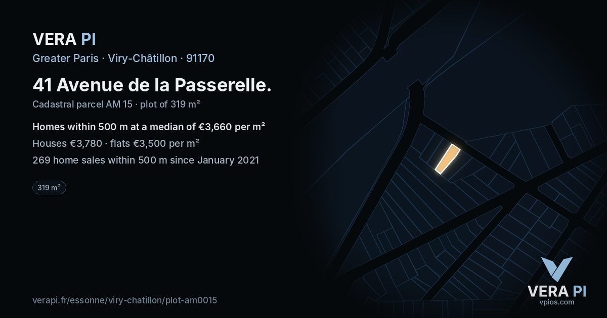 41 Avenue de la Passerelle, Viry-Châtillon at night – the plot lit, the parcels around coloured by the prices near them