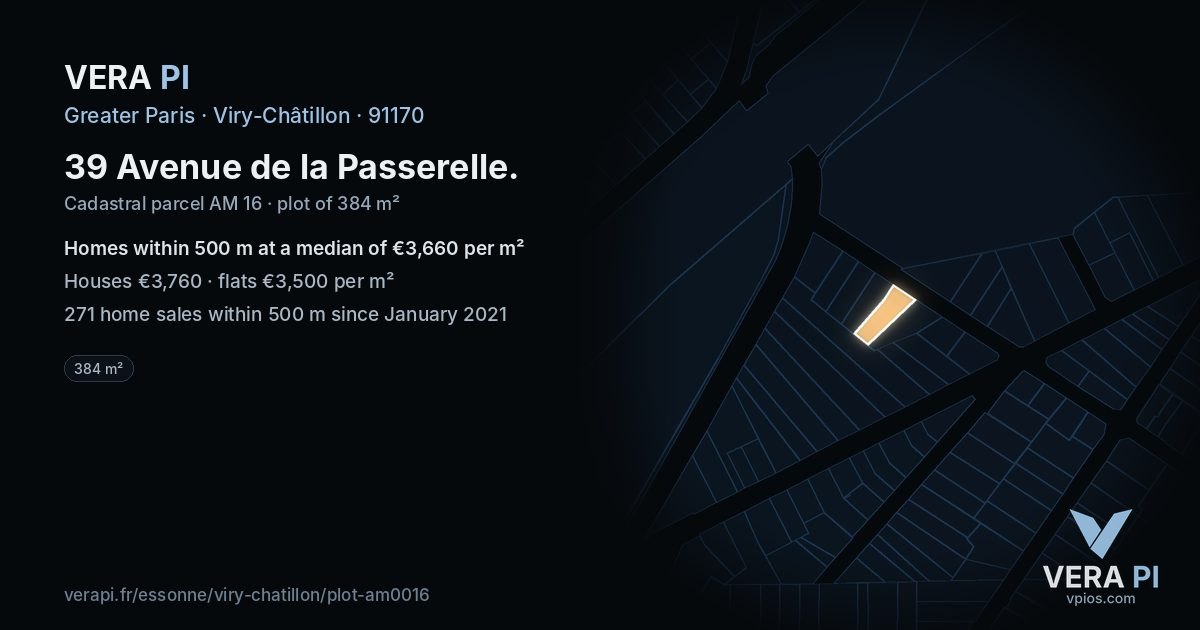 39 Avenue de la Passerelle, Viry-Châtillon at night – the plot lit, the parcels around coloured by the prices near them