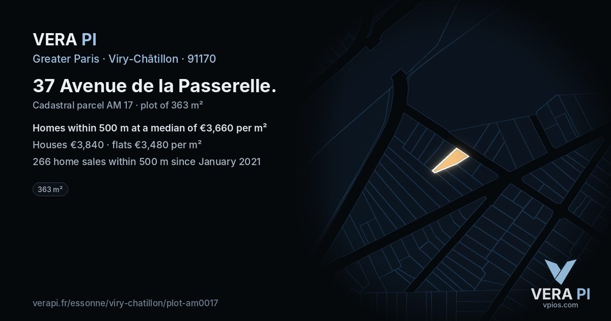 37 Avenue de la Passerelle, Viry-Châtillon at night – the plot lit, the parcels around coloured by the prices near them