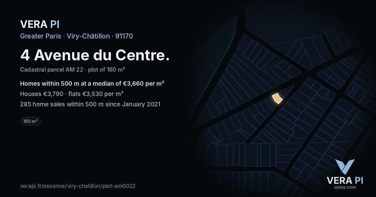 4 Avenue du Centre, Viry-Châtillon at night – the plot lit, the parcels around coloured by the prices near them