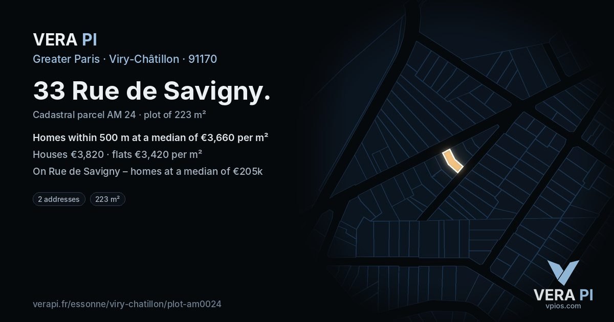 33 Rue de Savigny, Viry-Châtillon at night – the plot lit, the parcels around coloured by the prices near them