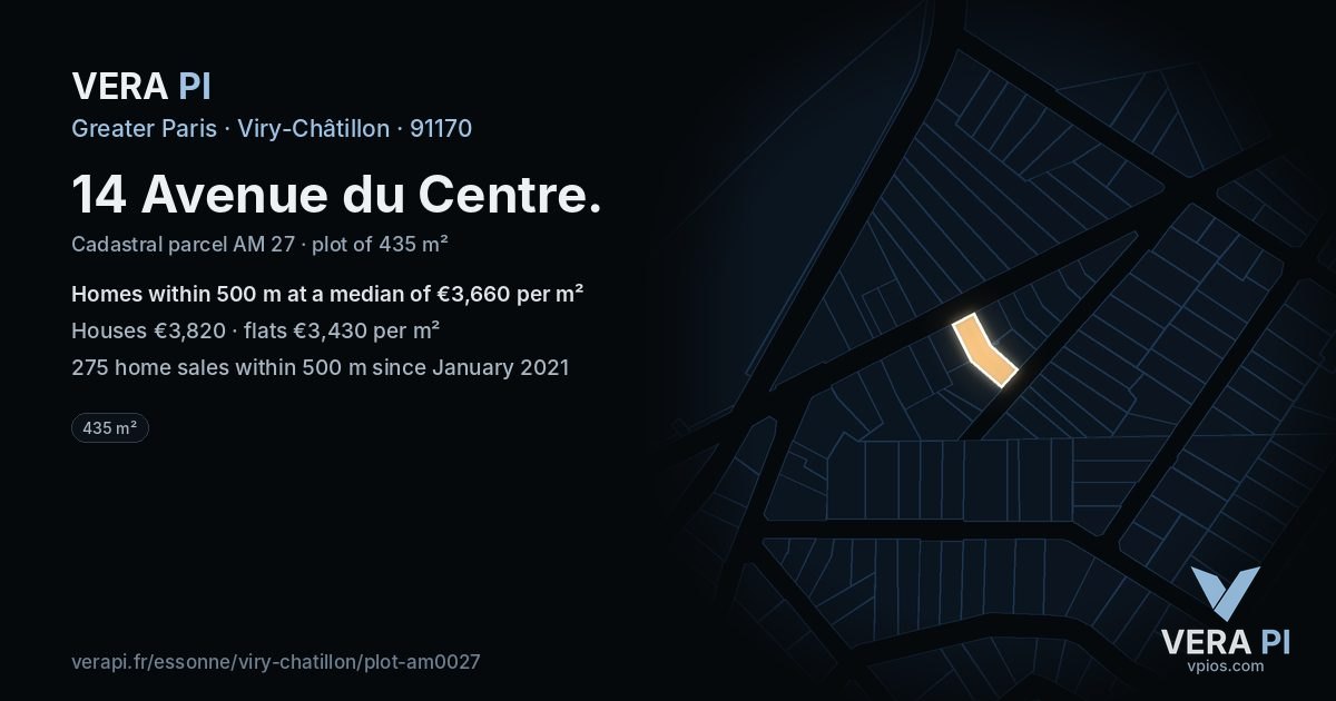 14 Avenue du Centre, Viry-Châtillon at night – the plot lit, the parcels around coloured by the prices near them