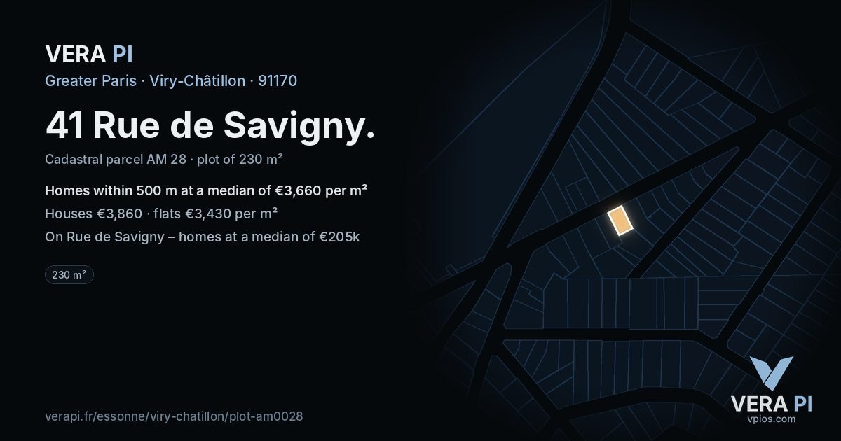41 Rue de Savigny, Viry-Châtillon at night – the plot lit, the parcels around coloured by the prices near them