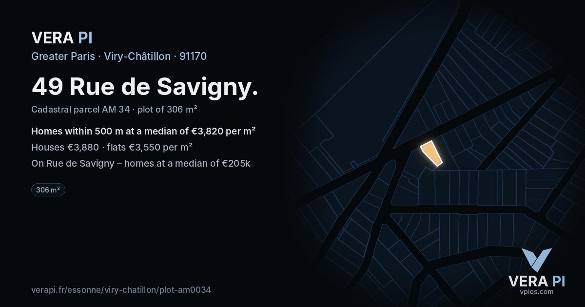 49 Rue de Savigny, Viry-Châtillon at night – the plot lit, the parcels around coloured by the prices near them