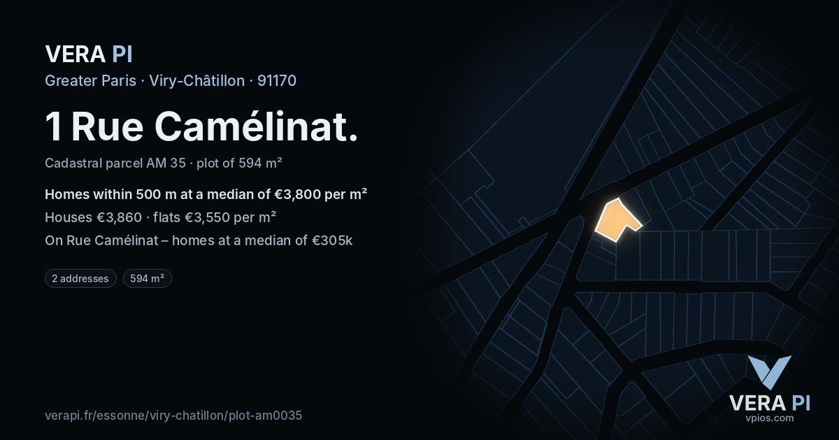 1 Rue Camélinat, Viry-Châtillon at night – the plot lit, the parcels around coloured by the prices near them
