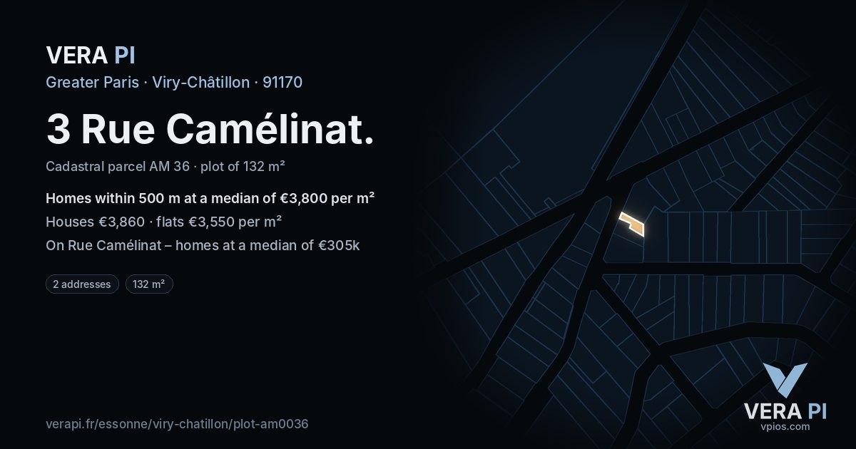 3 Rue Camélinat, Viry-Châtillon at night – the plot lit, the parcels around coloured by the prices near them