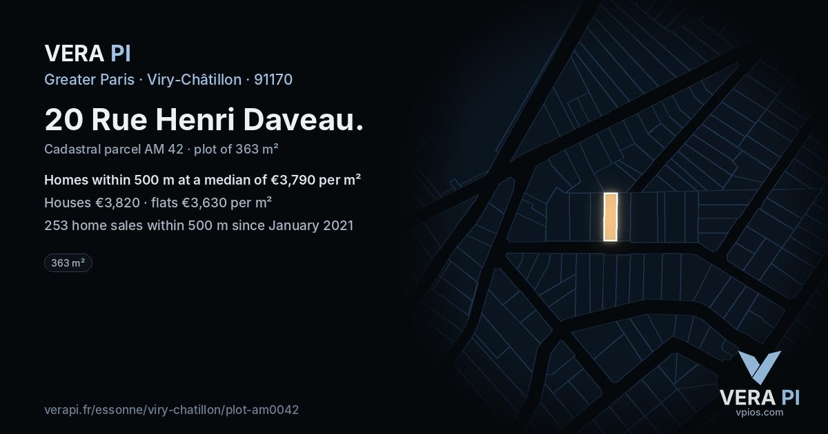 20 Rue Henri Daveau, Viry-Châtillon at night – the plot lit, the parcels around coloured by the prices near them