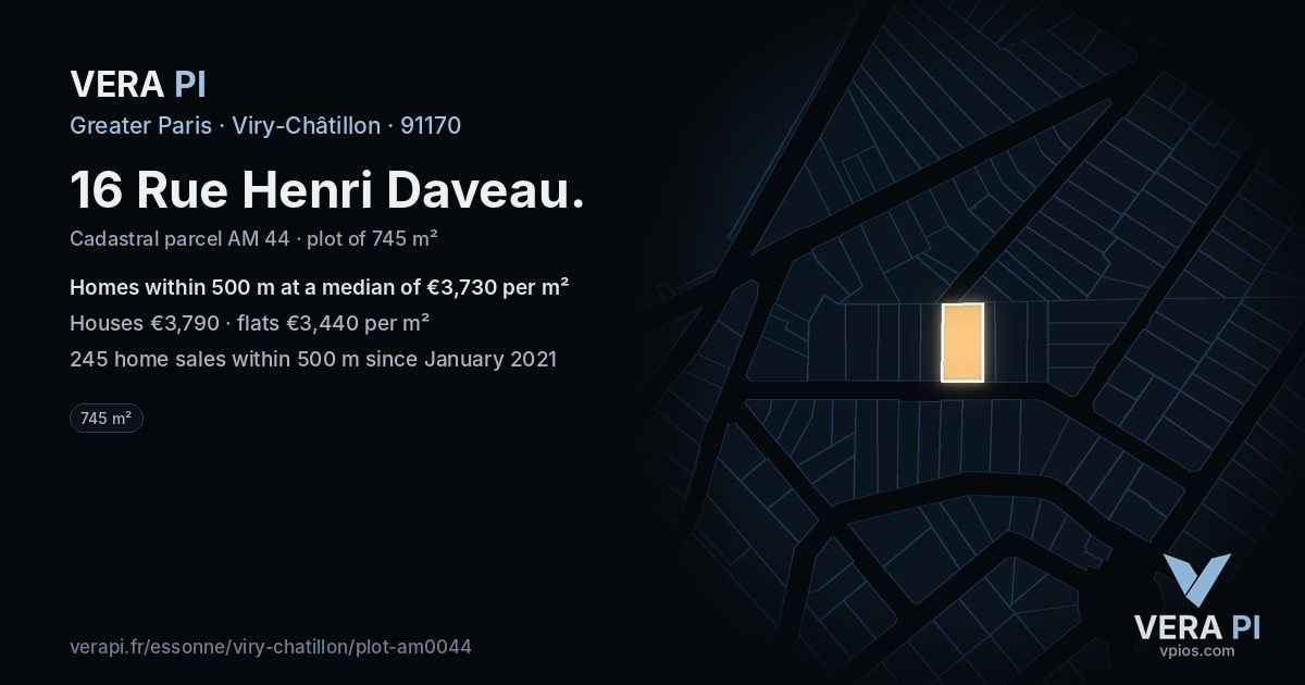 16 Rue Henri Daveau, Viry-Châtillon at night – the plot lit, the parcels around coloured by the prices near them