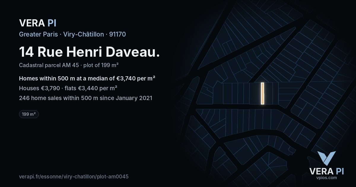 14 Rue Henri Daveau, Viry-Châtillon at night – the plot lit, the parcels around coloured by the prices near them