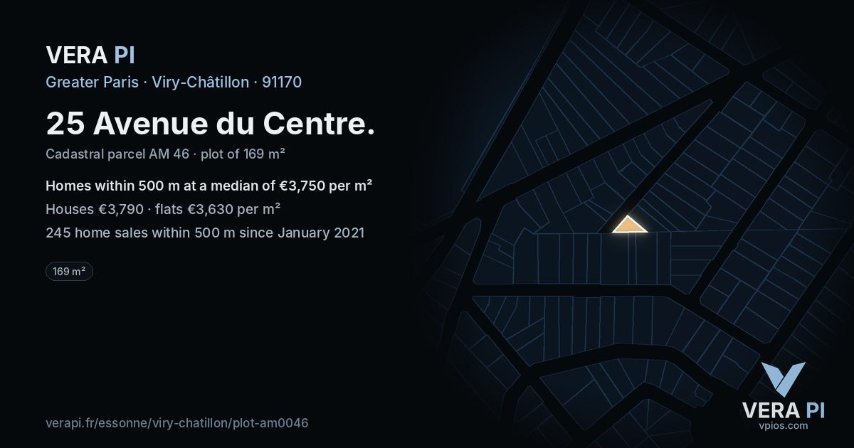 25 Avenue du Centre, Viry-Châtillon at night – the plot lit, the parcels around coloured by the prices near them