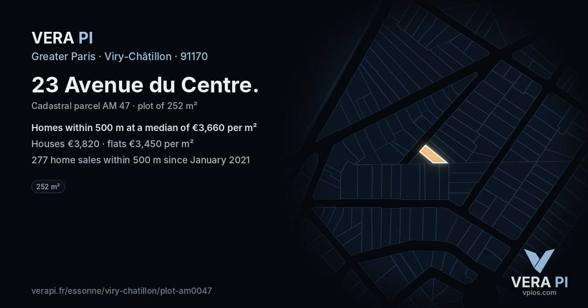 23 Avenue du Centre, Viry-Châtillon at night – the plot lit, the parcels around coloured by the prices near them