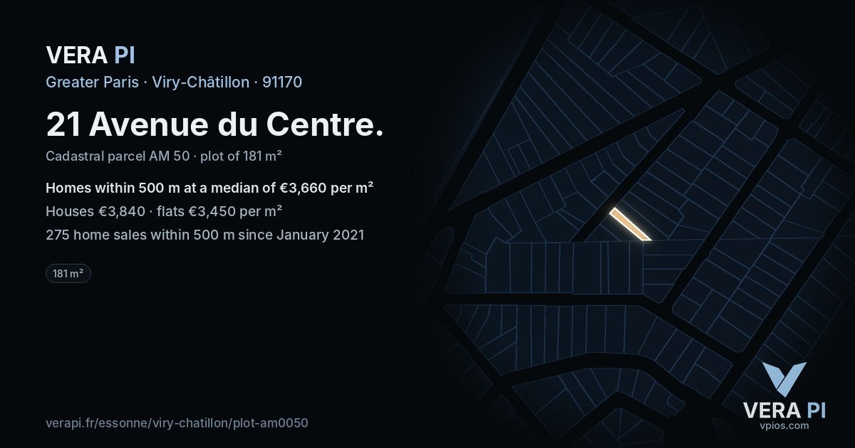 21 Avenue du Centre, Viry-Châtillon at night – the plot lit, the parcels around coloured by the prices near them