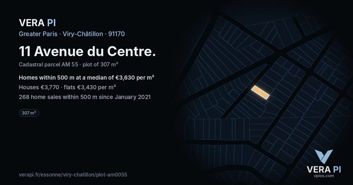 11 Avenue du Centre, Viry-Châtillon at night – the plot lit, the parcels around coloured by the prices near them