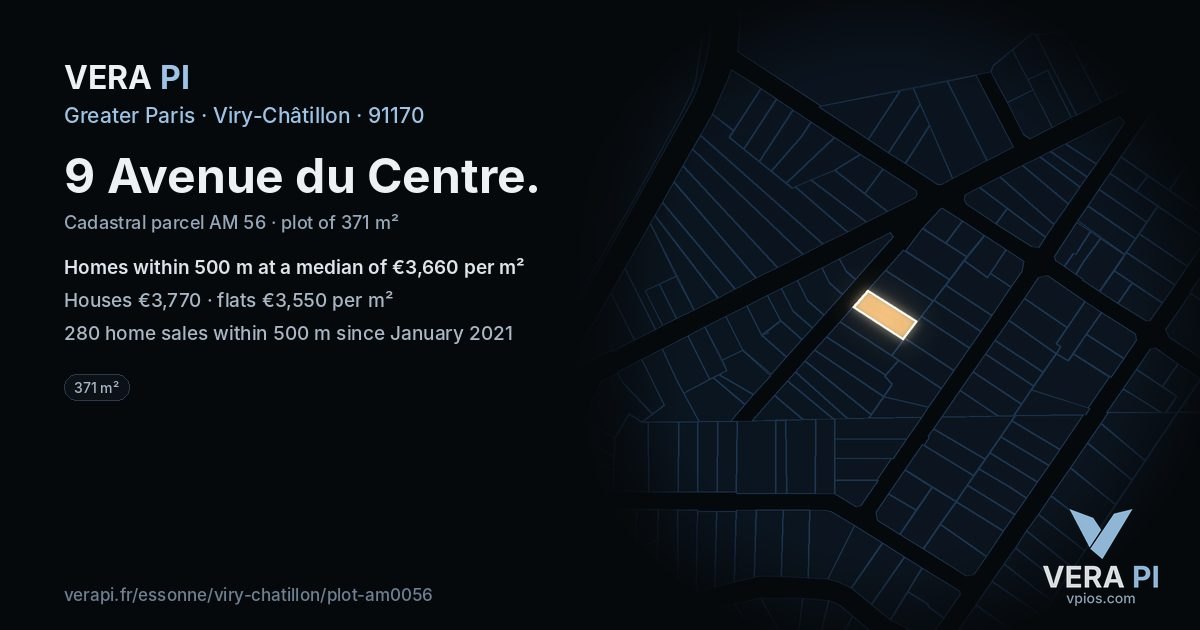9 Avenue du Centre, Viry-Châtillon at night – the plot lit, the parcels around coloured by the prices near them