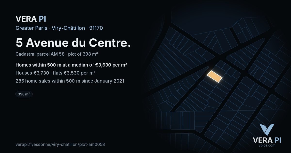 5 Avenue du Centre, Viry-Châtillon at night – the plot lit, the parcels around coloured by the prices near them
