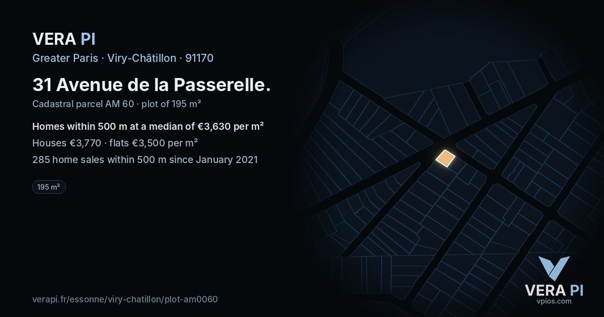 31 Avenue de la Passerelle, Viry-Châtillon at night – the plot lit, the parcels around coloured by the prices near them