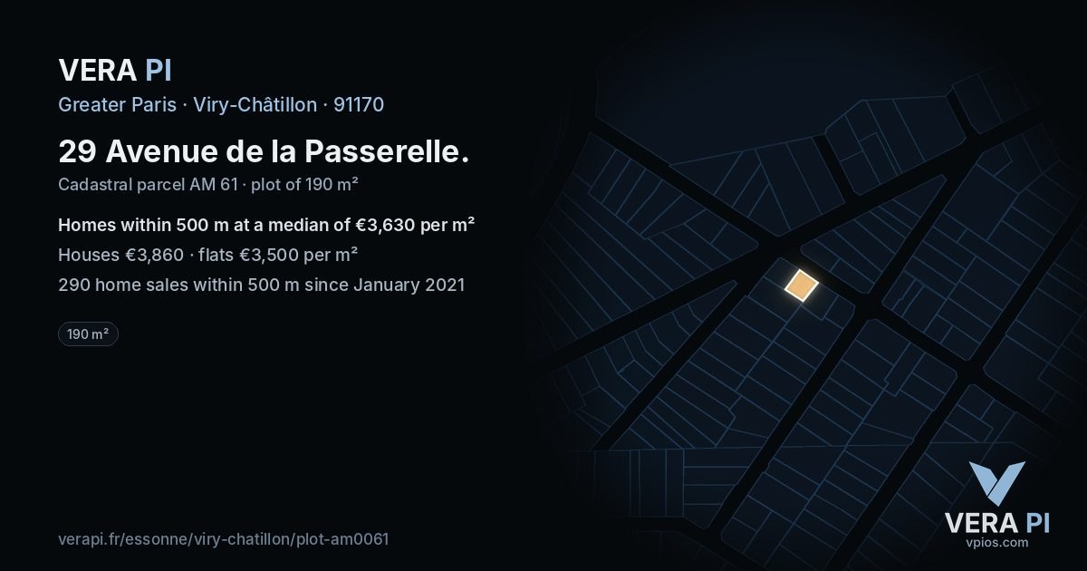 29 Avenue de la Passerelle, Viry-Châtillon at night – the plot lit, the parcels around coloured by the prices near them