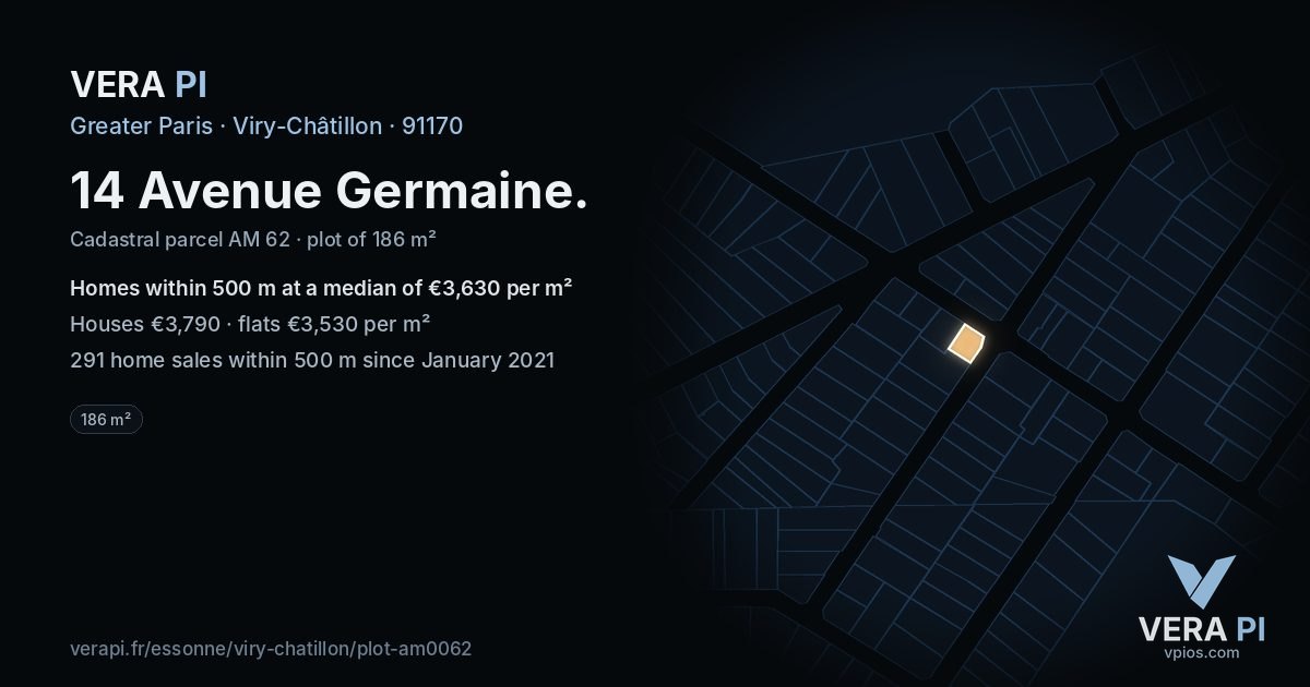 14 Avenue Germaine, Viry-Châtillon at night – the plot lit, the parcels around coloured by the prices near them