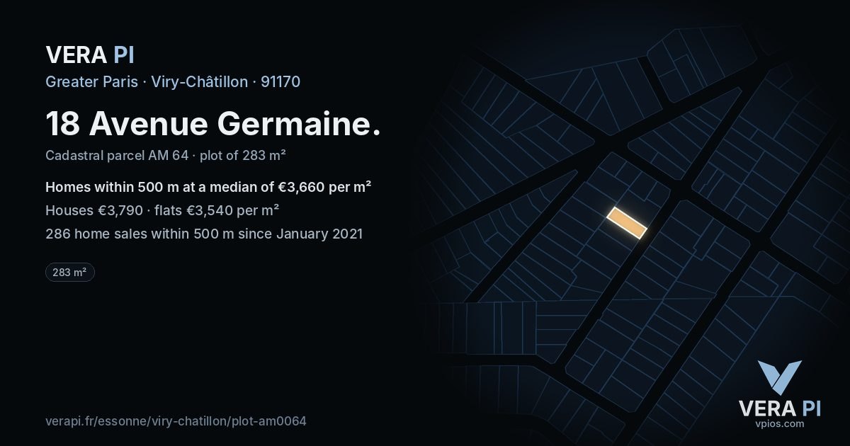 18 Avenue Germaine, Viry-Châtillon at night – the plot lit, the parcels around coloured by the prices near them