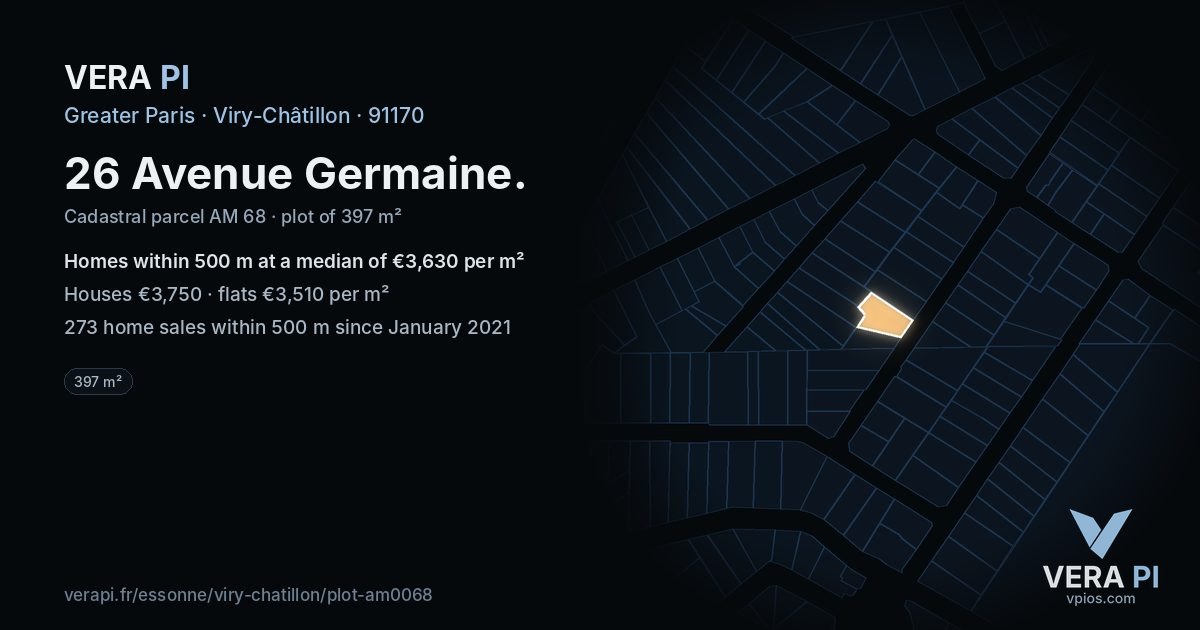 26 Avenue Germaine, Viry-Châtillon at night – the plot lit, the parcels around coloured by the prices near them