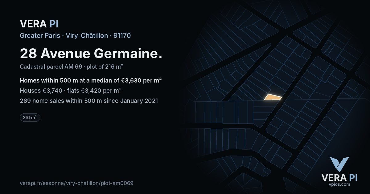 28 Avenue Germaine, Viry-Châtillon at night – the plot lit, the parcels around coloured by the prices near them