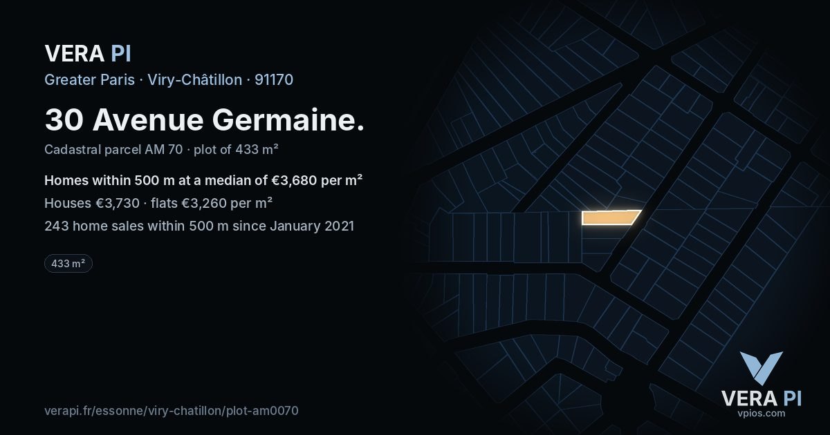 30 Avenue Germaine, Viry-Châtillon at night – the plot lit, the parcels around coloured by the prices near them