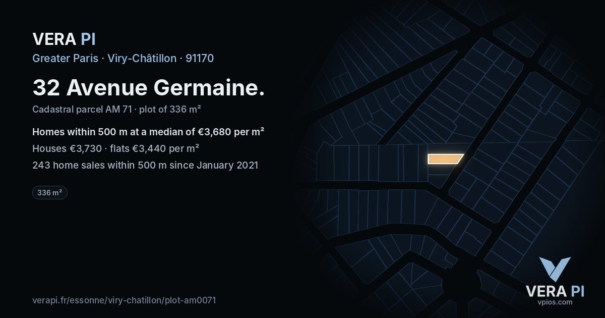32 Avenue Germaine, Viry-Châtillon at night – the plot lit, the parcels around coloured by the prices near them