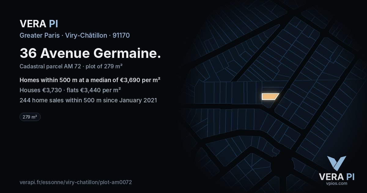 36 Avenue Germaine, Viry-Châtillon at night – the plot lit, the parcels around coloured by the prices near them
