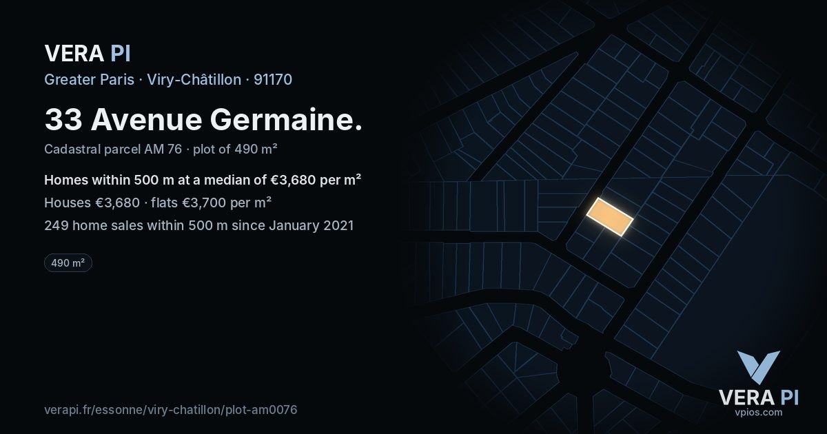 33 Avenue Germaine, Viry-Châtillon at night – the plot lit, the parcels around coloured by the prices near them