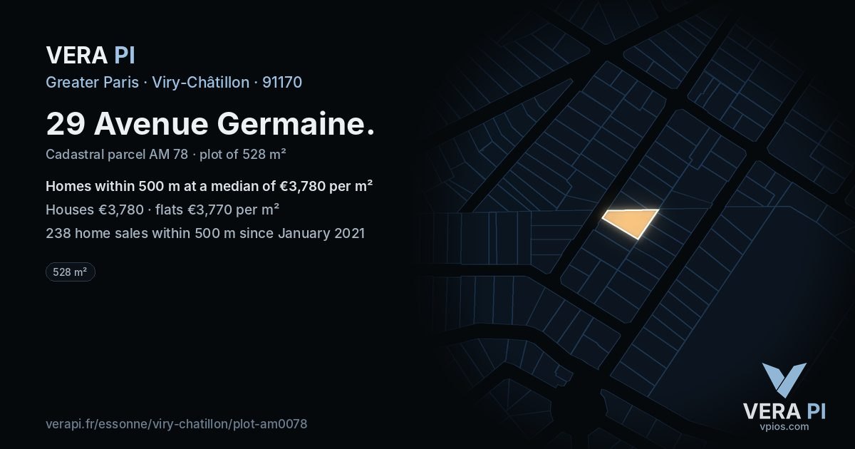 29 Avenue Germaine, Viry-Châtillon at night – the plot lit, the parcels around coloured by the prices near them