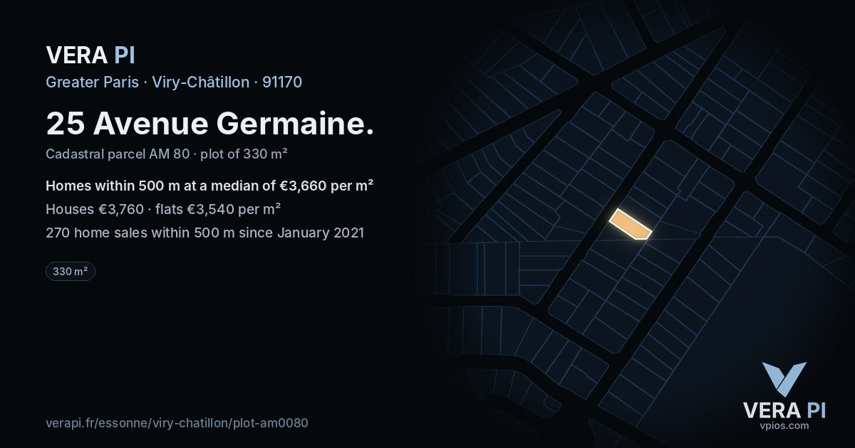 25 Avenue Germaine, Viry-Châtillon at night – the plot lit, the parcels around coloured by the prices near them