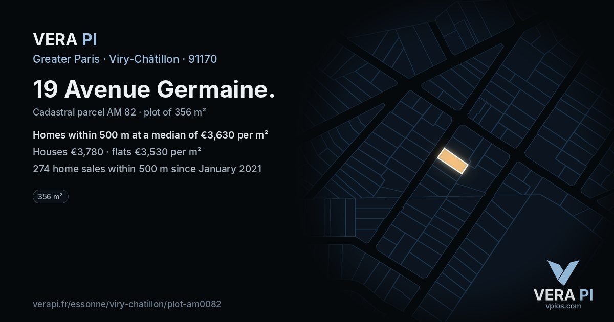 19 Avenue Germaine, Viry-Châtillon at night – the plot lit, the parcels around coloured by the prices near them