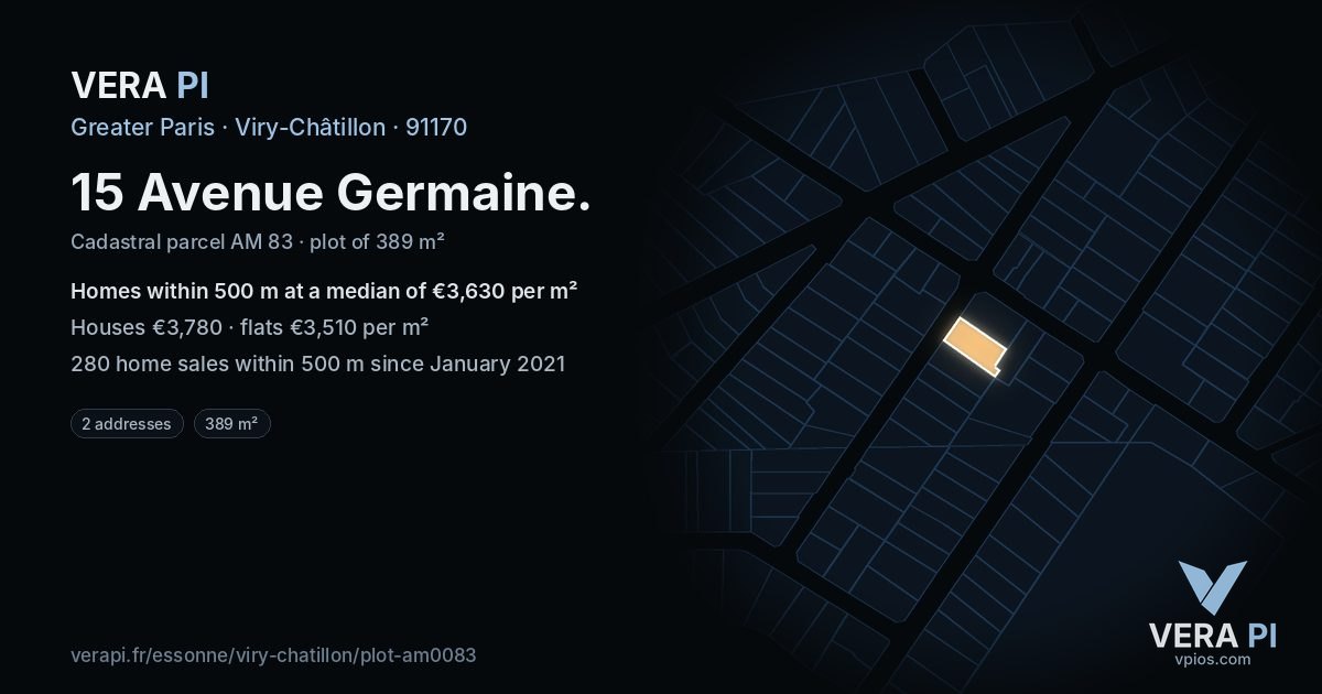 15 Avenue Germaine, Viry-Châtillon at night – the plot lit, the parcels around coloured by the prices near them