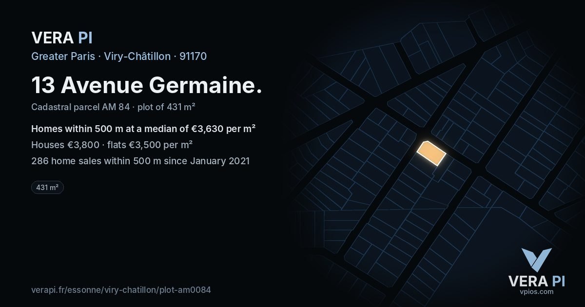13 Avenue Germaine, Viry-Châtillon at night – the plot lit, the parcels around coloured by the prices near them
