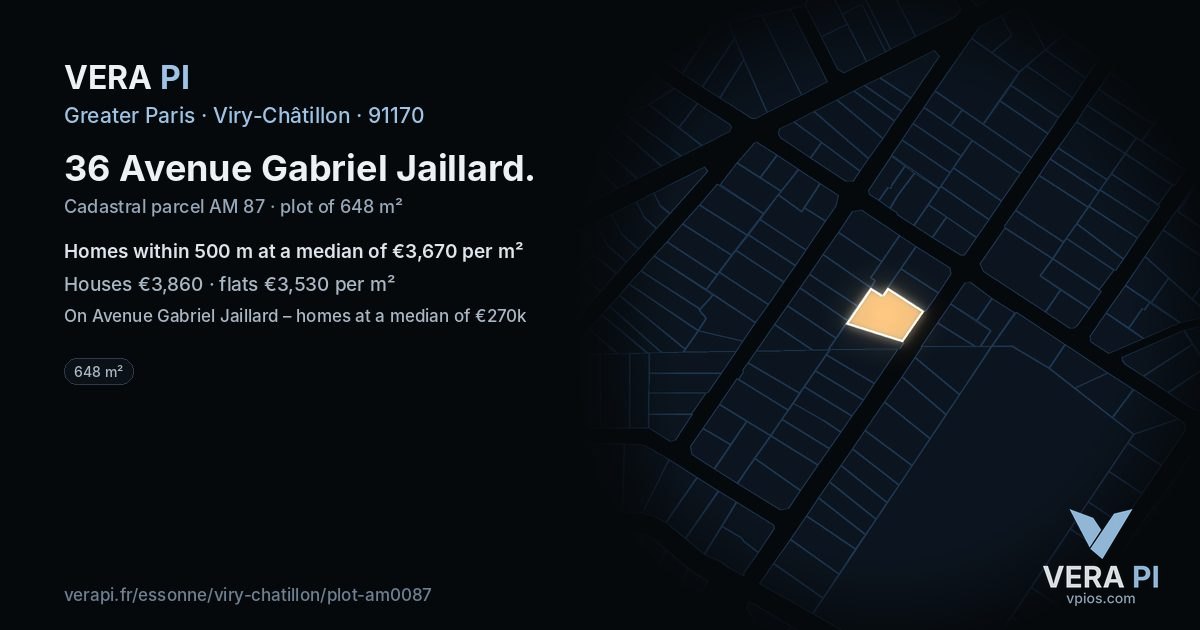 36 Avenue Gabriel Jaillard, Viry-Châtillon at night – the plot lit, the parcels around coloured by the prices near them