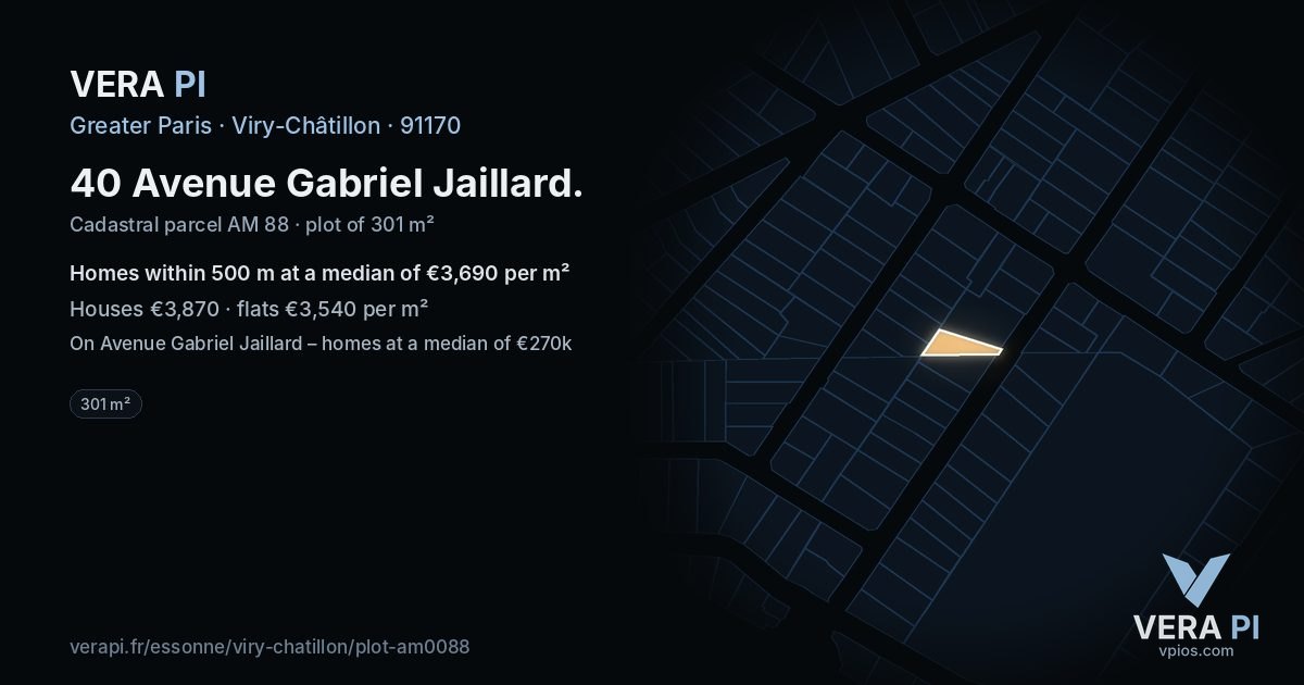 40 Avenue Gabriel Jaillard, Viry-Châtillon at night – the plot lit, the parcels around coloured by the prices near them