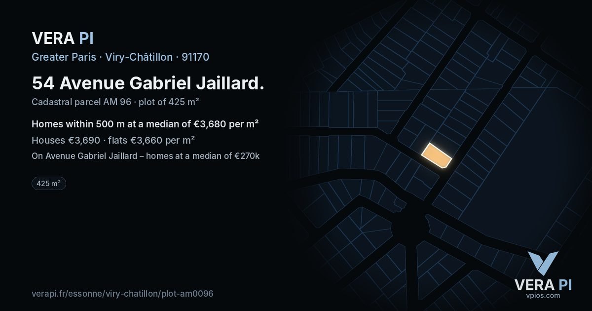 54 Avenue Gabriel Jaillard, Viry-Châtillon at night – the plot lit, the parcels around coloured by the prices near them