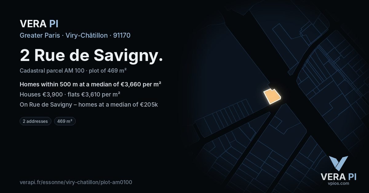 2 Rue de Savigny, Viry-Châtillon at night – the plot lit, the parcels around coloured by the prices near them