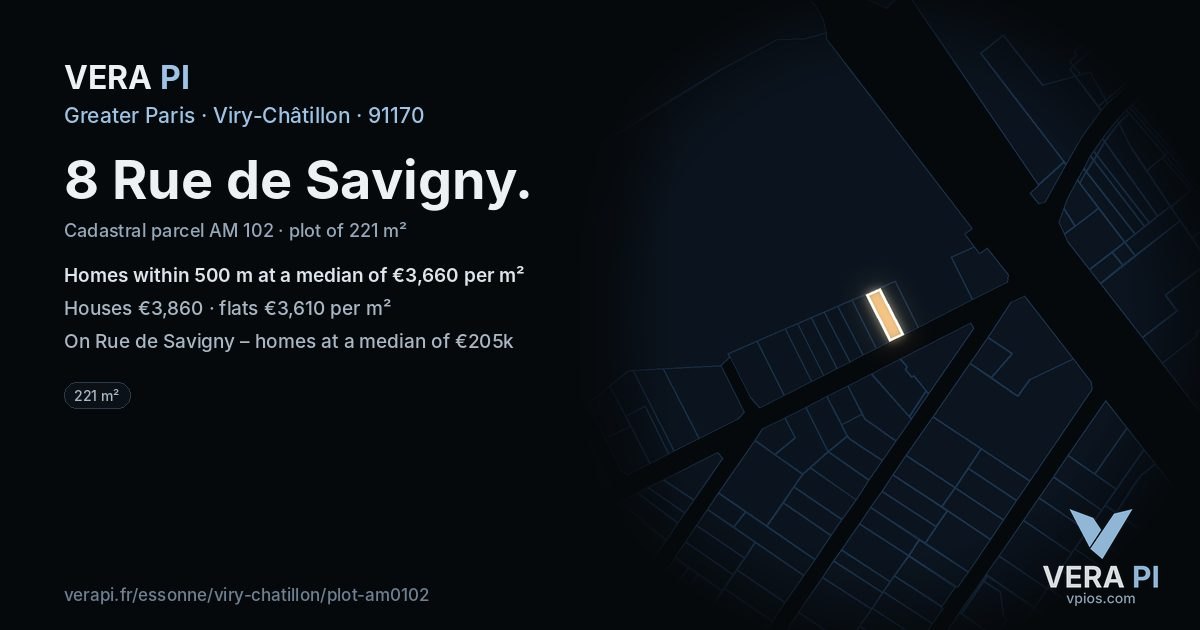 8 Rue de Savigny, Viry-Châtillon at night – the plot lit, the parcels around coloured by the prices near them