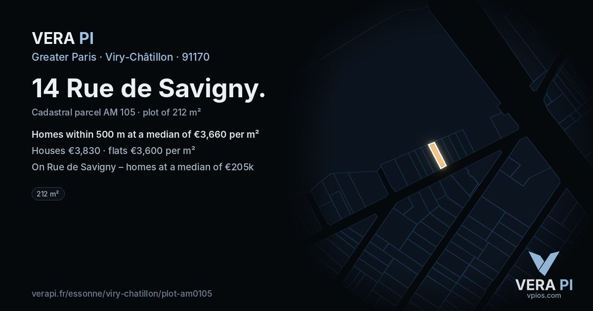 14 Rue de Savigny, Viry-Châtillon at night – the plot lit, the parcels around coloured by the prices near them