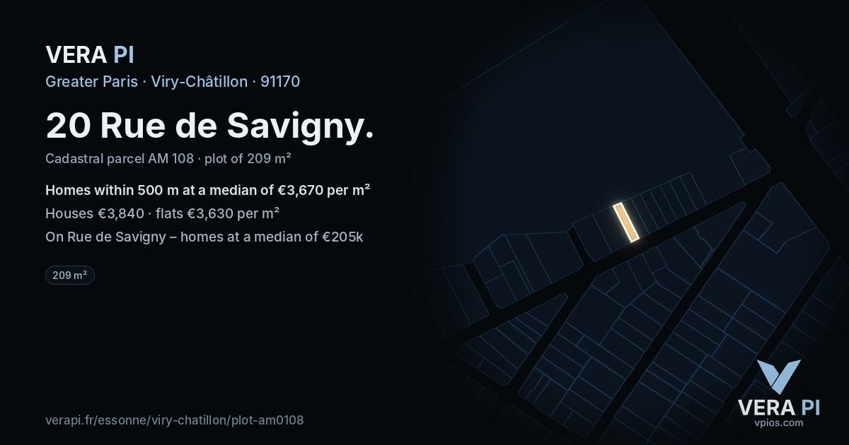 20 Rue de Savigny, Viry-Châtillon at night – the plot lit, the parcels around coloured by the prices near them