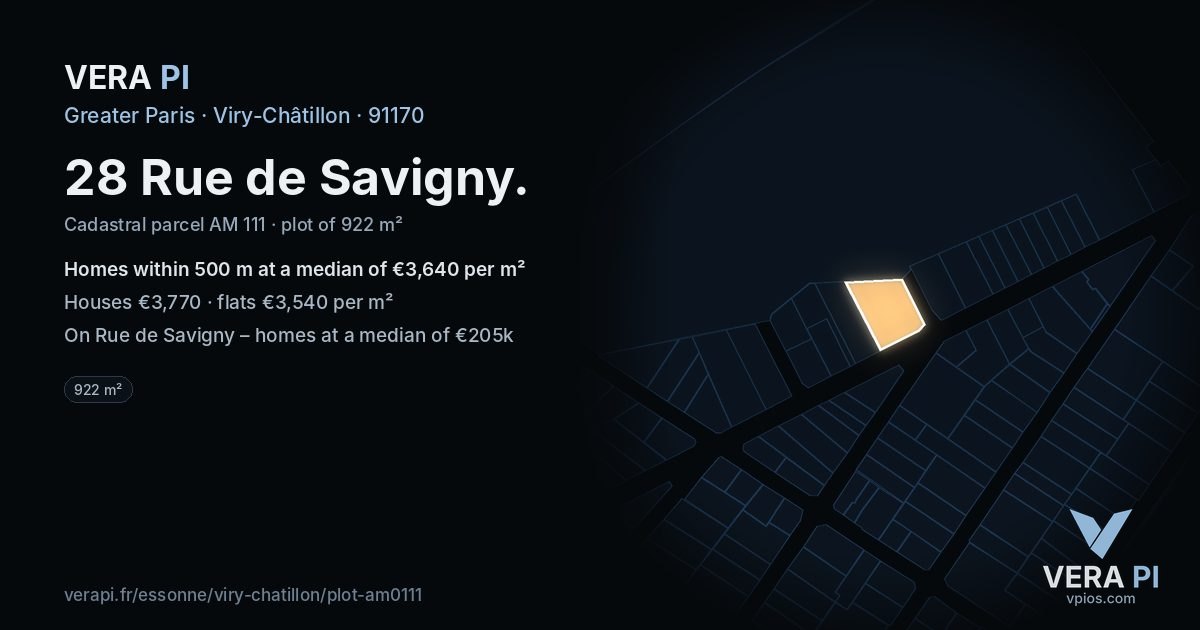28 Rue de Savigny, Viry-Châtillon at night – the plot lit, the parcels around coloured by the prices near them