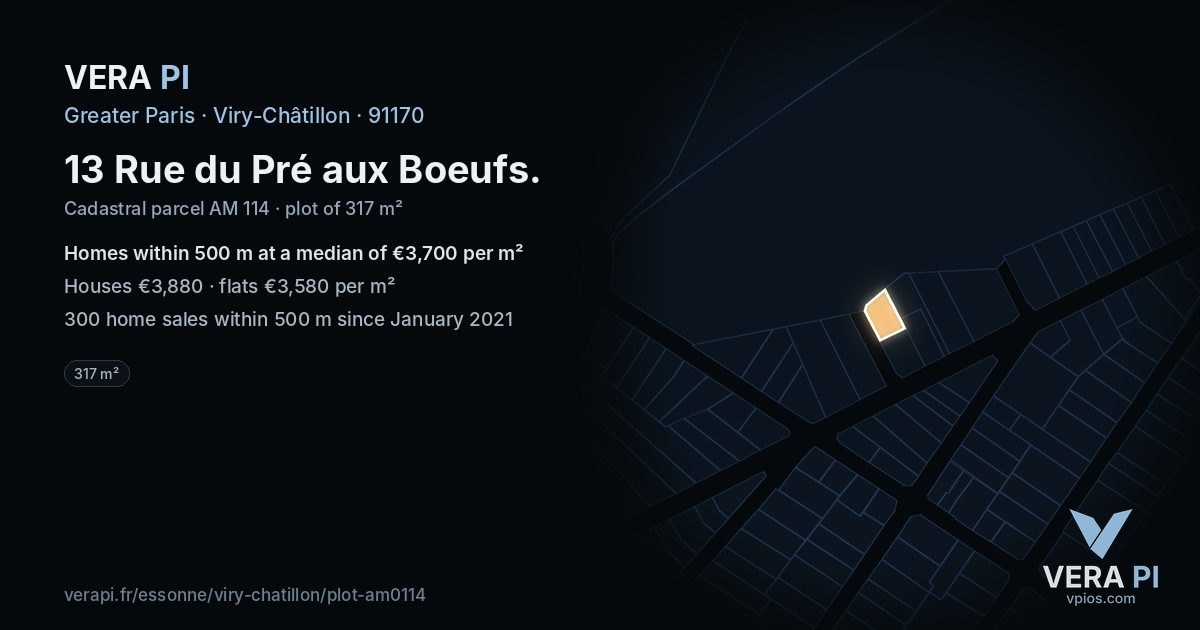 13 Rue du Pré aux Boeufs, Viry-Châtillon at night – the plot lit, the parcels around coloured by the prices near them