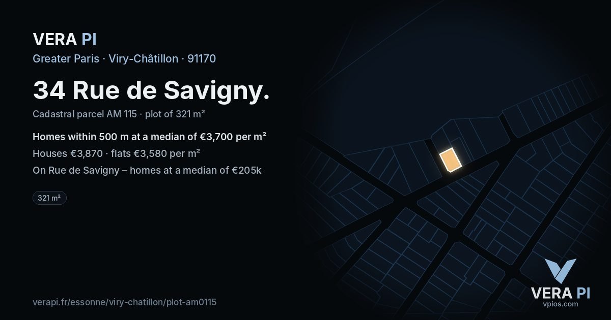 34 Rue de Savigny, Viry-Châtillon at night – the plot lit, the parcels around coloured by the prices near them