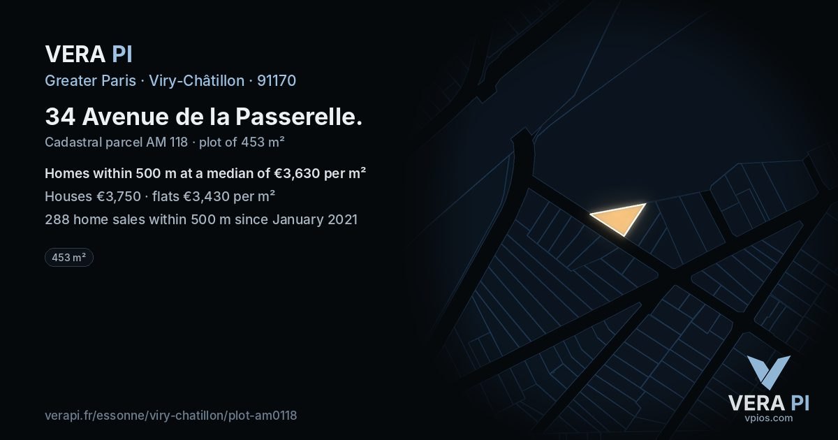 34 Avenue de la Passerelle, Viry-Châtillon at night – the plot lit, the parcels around coloured by the prices near them